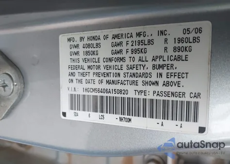 2006 Honda Accord 2.4 Lx из США, поврежденный, VIN 1HGCM56406A150820